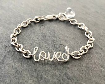 Loved Bracelet. Sterling Silver Wire Word Script Blessed Bracelet. Lowercase Calligraphy Bracelet. Inspiration Jewelry. Faith Jewelry