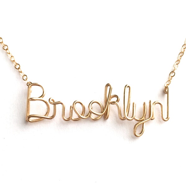 Brooklyn Necklace. Gold Script Brooklyn Wire Necklace. 14k Gold Filled Brooklyn NYC Necklace. Custom Name Necklace. Aziza Jewelry.