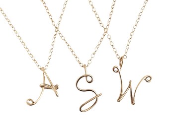 Silver Initial Necklace. Custom Sterling Silver Letter Pendant. Personalized Script Wire Letter