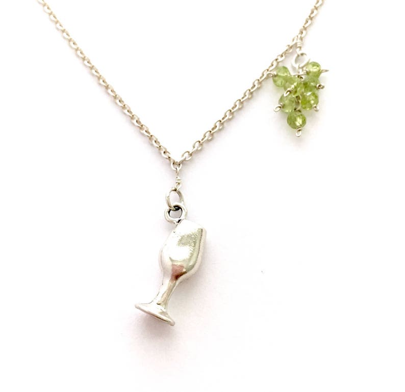Wine Lovers Jewelry Wine Jewelry Wine Glass Necklace Sterling Silver Wine Goblet with Peridot Grape Cluster Wine Necklace Wine Gift