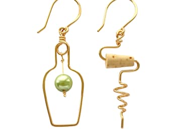 Wine Bottle Earrings. Cork Screw Earrings with Grape. White Wine Lovers Jewelry. Silver, Gold, Gunmetal. Aziza Jewelry