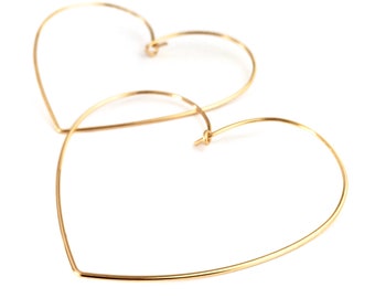 Heart Earrings. 14k Gold Heart Large Hoop Earrings. 2.5 inch Open Hoops by Aziza Jewelry