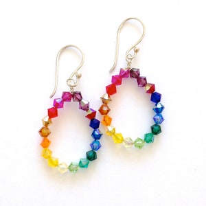 Rainbow Swarovski Crystal Hoop Earrings: Sterling Silver Wire