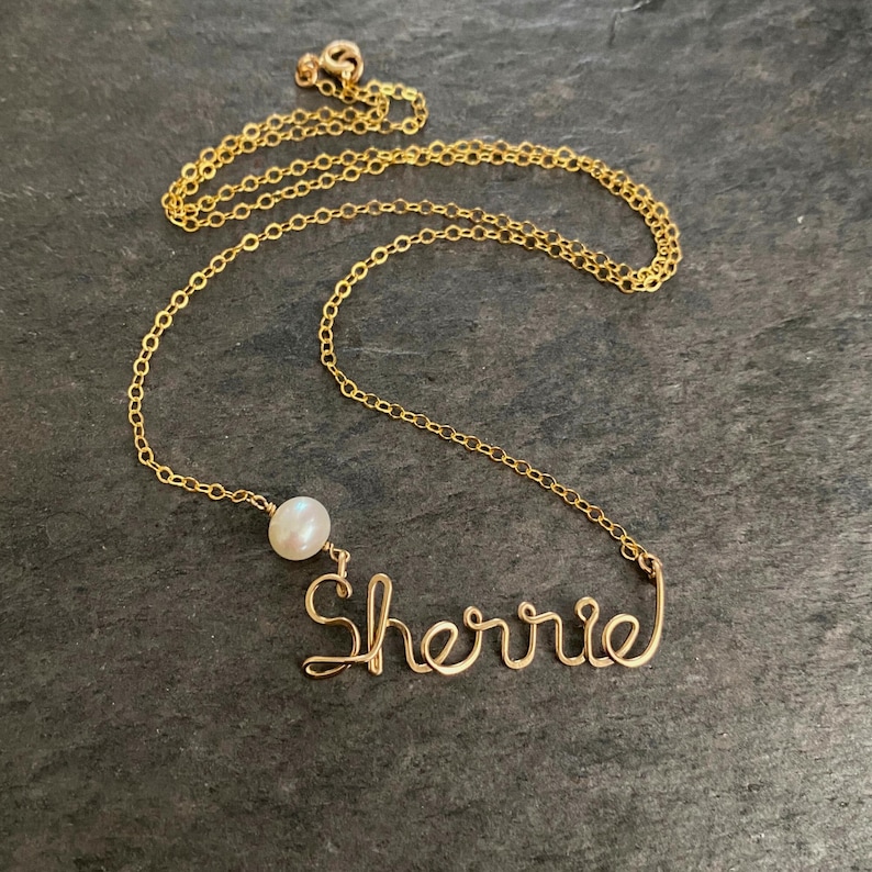 Gold Name Necklace: Custom 14k Gold Filled Wire with Freshwater Pearl image 3