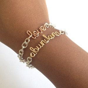 Abundance Bracelet. Sterling Silver and Gold Abundance Wire Word Bracelet. Script Abundance Wealth Bracelet. Inspiration Jewelry image 4