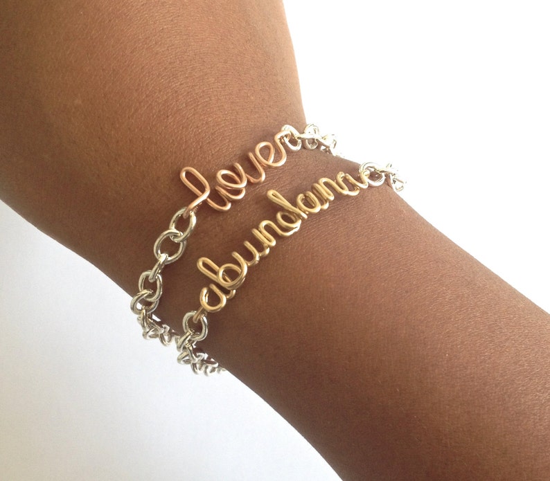 Abundance Bracelet. Sterling Silver and Gold Abundance Wire Word Bracelet. Script Abundance Wealth Bracelet. Inspiration Jewelry image 4