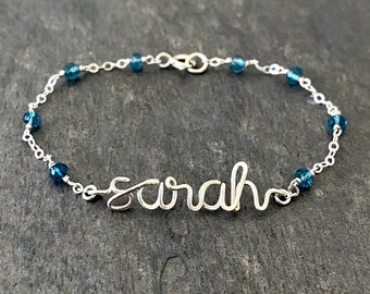 Name Bracelet. Sterling Silver Wire Script Birthstone Bracelet. Lowercase Script. Real Gemstones Chain Link. Aziza Jewelry