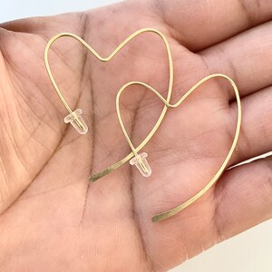 Gold Heart Earrings. 14k gold heart hoop earrings. 14k Solid Gold Hammered Heart Earrings. Yellow Gold Hoop Earrings. 1.75 inches long image 5
