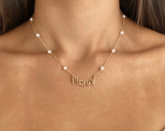 Pearl Name Necklace. Off White Freshwater Pearl Necklace in 14k Gold Filled by Aziza Jewelry