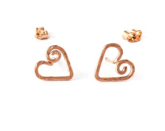 Hammered Rose Gold Filled Heart Stud Earrings: Spiral Swirl Design