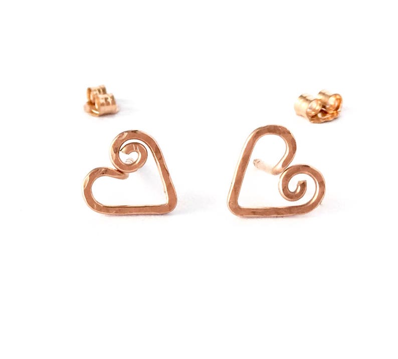 Rose Gold Heart Stud Earrings. Hand Hammered Heart Spiral Etsy