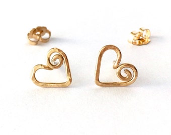 Gold Heart Stud Earrings. 14k Gold Swirly Heart Studs. Spiral Heart Stud Post Earrings. 14k gold filled hearts. AzizaJewelry