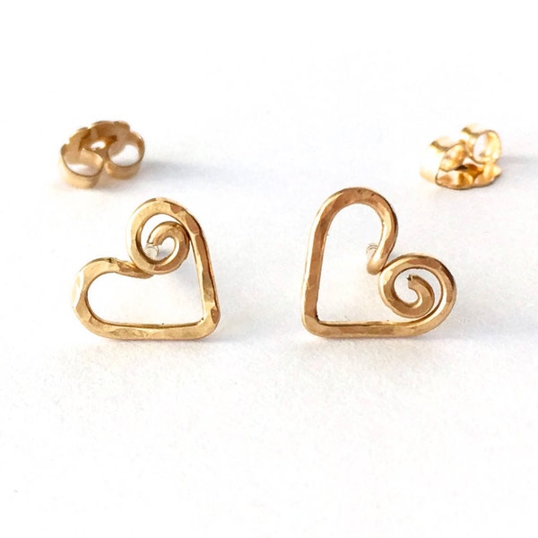 Gold Heart Stud Earrings. 14k Gold Swirly Heart Studs. Spiral Heart Stud Post Earrings. 14k gold filled hearts. AzizaJewelry