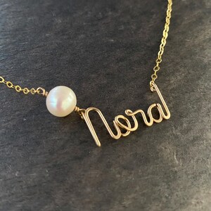 Gold Name Necklace: Custom 14k Gold Filled Wire with Freshwater Pearl image 5