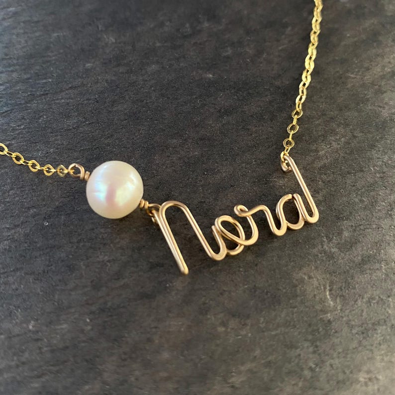 Gold Name Necklace: Custom 14k Gold Filled Wire with Freshwater Pearl image 5