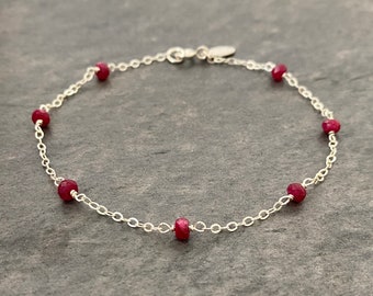 Ruby Bracelet. Delicate faceted genuine gemstone sterling silver chain bracelet