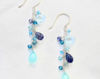 Blue Gemstone Earrings. Aquamarine Iolite Chalcedony Cluster Earrings in Sterling Silver. Long Cluster Faceted