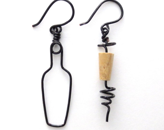 Wine Bottle and Cork Screw Earrings. Gunmetal Dark Wine Etsy