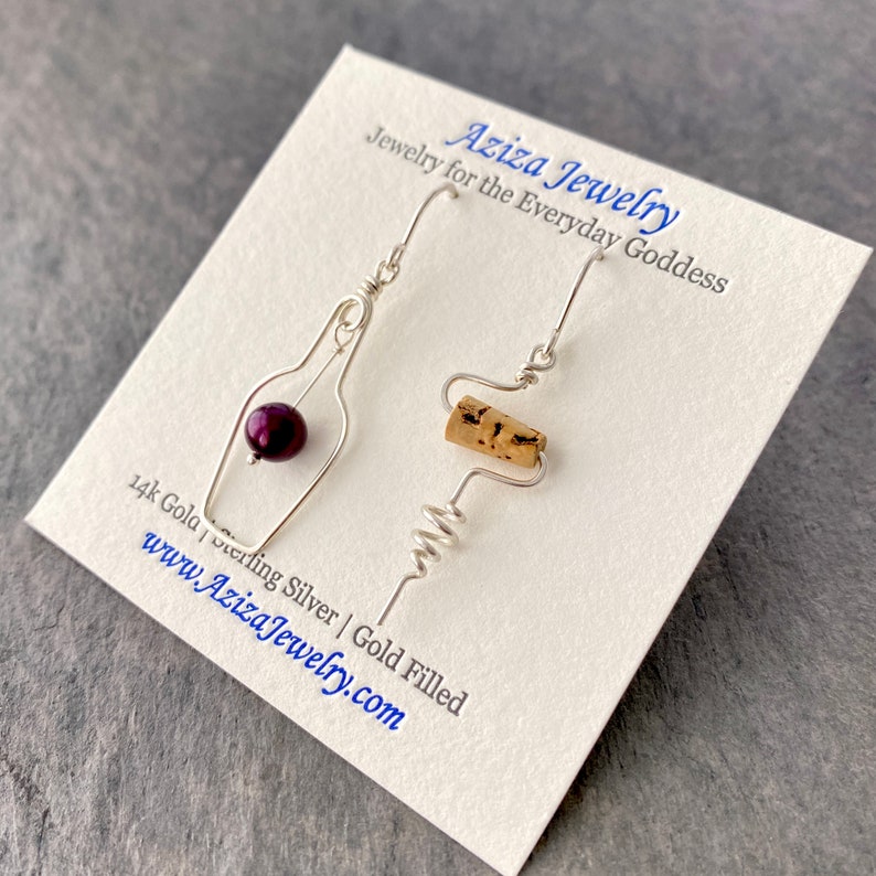 Wine Bottle and Cork Screw Earrings with Grape. Wine Lovers Earrings. Wine Gift. Red Wine Earrings. Cork Jewelry. June Birthstone Earrings image 3