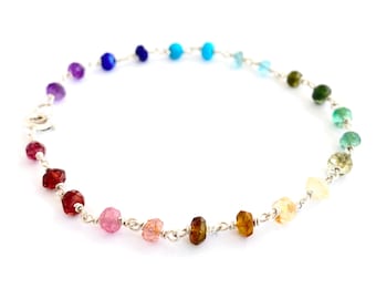 Rainbow Gemstone Bracelet. Delicate faceted genuine gemstone sterling silver bracelet