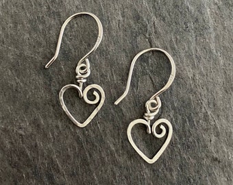 Heart Dangles. Sterling Silver Hammered Heart Hoop Earrings. 925 Silver Open Heart Earrings. 1 inch long. Aziza Jewelry