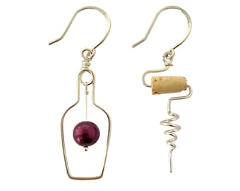 Wine Earrings. Sterling Silver Red Wine Lovers Earrings with Grape Real Cork. Wine Bottle. Wine Themed Jewelry