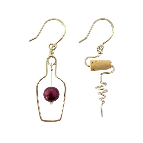 Wine Earrings. Sterling Silver Red Wine Lovers Earrings with Grape Real Cork. Wine Bottle. Wine Themed Jewelry