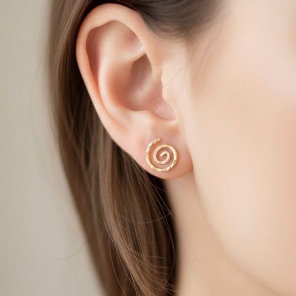14k Gold Fill Spiral Stud Earrings: Handmade Hand Hammered Sun Swirl Design