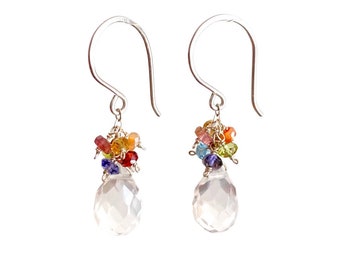 Colorful Crystal Quartz and Rainbow Gemstones Earrings. Sterling Silver Dangle Drop Earrings.