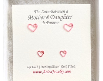 Mother Daughter Pink Heart Earrings. 2 Pairs of Pink Silver Plated Studs Set in Medium, Small. Push Present. Mother's Day