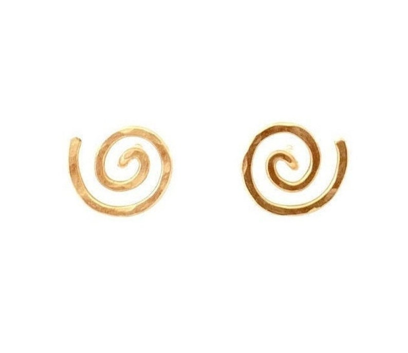 Gold Spiral Stud Earrings. Swirl Stud Post Earrings. 14k Gold Round Flat Hammered Stud Earrings. Yellow Gold Studs. Aziza Jewelry image 1