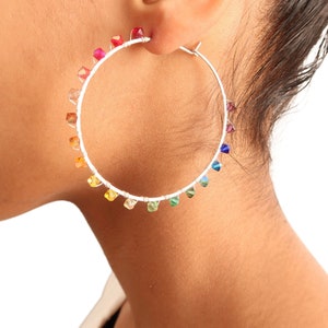 Rainbow Hoop Earrings. 2.5 inch Sterling Silver Swarovski Crystal Rainbow Hoops. Hand Hammered Shiny Large Sterling Silver Hoops