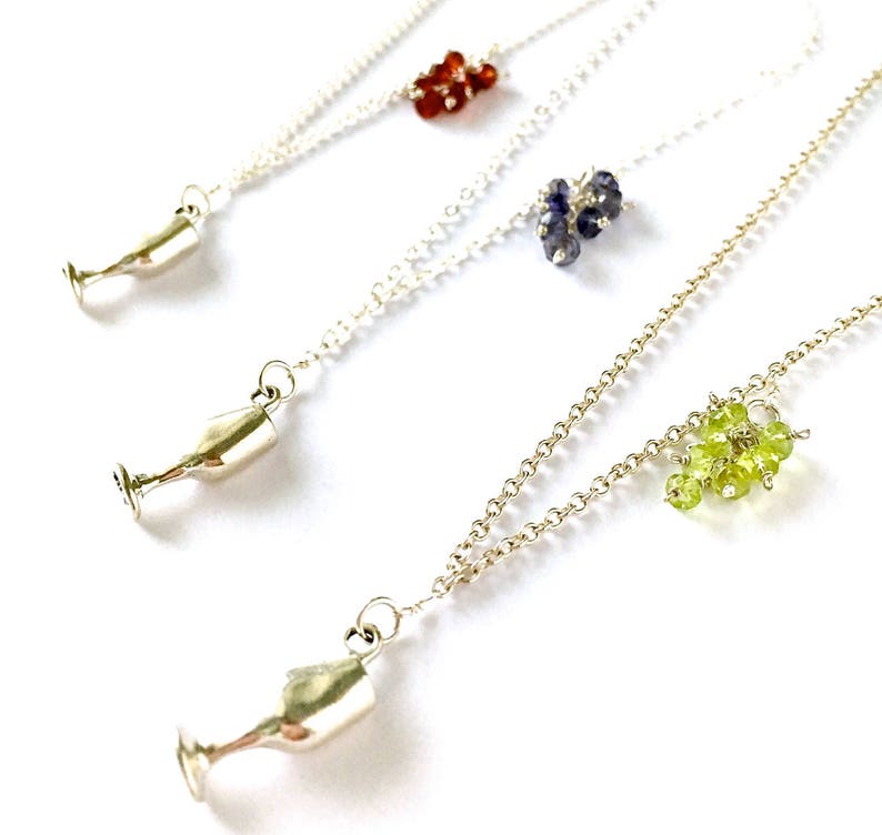 Wine Lovers Jewelry Wine Jewelry Wine Glass Necklace Sterling Silver Wine Goblet with Peridot Grape Cluster Wine Necklace Wine Gift