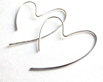 Heart Earrings. Sterling Silver Hammered Heart Hoop Earrings. 925 Silver Open Heart Dangle Earrings. Aziza Jewelry