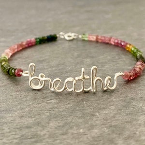 Silver breathe Bracelet with birthstones. Sterling Silver breathe bracelet with Genuine Watermelon Tourmaline Gemstones. Aziza Jewelry