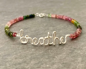 Silver breathe Bracelet with birthstones. Sterling Silver breathe bracelet with Genuine Watermelon Tourmaline Gemstones. Aziza Jewelry