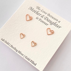 Mother Daughter 14k Rose Gold Heart Studs Gift Set. Handmade Mommy and Me Earrings.