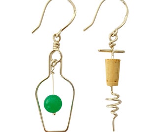 Wine Jade Earrings. Sterling Silver Wine Lovers Earrings with real green jade gemstone and cork. Cocktail Earrings. Wine Lover Gift.