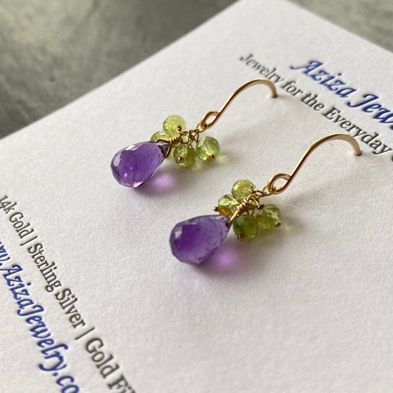Amethyst and Peridot Earrings. Genuine Purple Green Gemstone Earrings. Sterling Silver. image 2