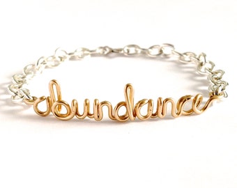 Abundance Bracelet. Sterling Silver and Gold Abundance Wire Word Bracelet. Script Abundance Wealth Bracelet. Inspiration Jewelry