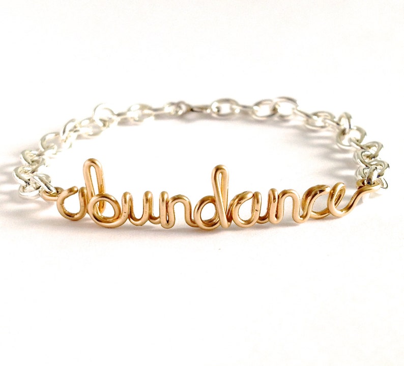 Abundance Bracelet. Sterling Silver and Gold Abundance Wire Word Bracelet. Script Abundance Wealth Bracelet. Inspiration Jewelry image 1