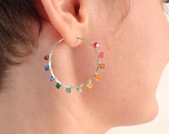 Rainbow Hoop Earrings. Sterling Silver 1.25 inch Swarovski Crystal Rainbow Hoops. Hand Hammered Shiny Large Sterling Silver Hoops