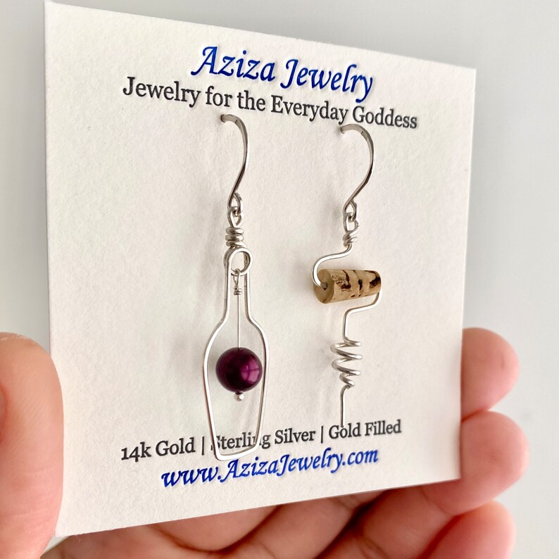 Wine Earrings. Sterling Silver Red Wine Lovers Earrings with Grape Real Cork. Wine Bottle. Wine Themed Jewelry image 5