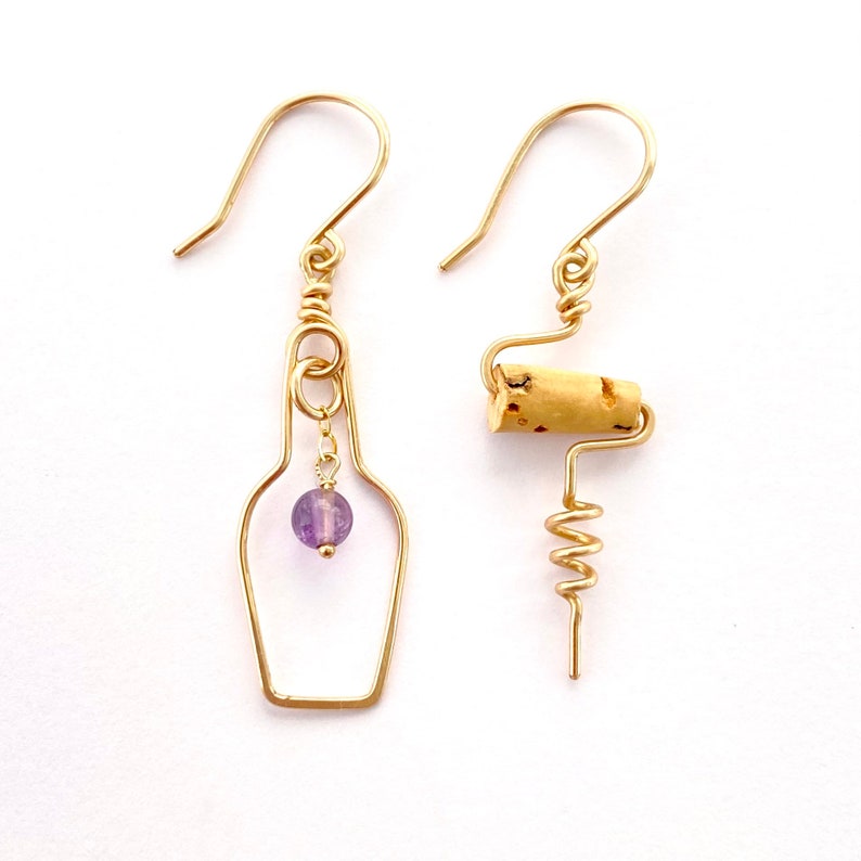14k Gold Grape and Cork Screw Earrings Wine Earrings Wine Lovers Earrings with Real Amethyst Gemstone and Real Cork.
