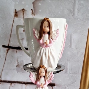 Polymer Clay Pink Angel Dolls, Christmas Angel Mug and Spoon Set, Tea Party Favors, Cute Tea Mug, Cup with 3D doll, Angel lovers Mug
