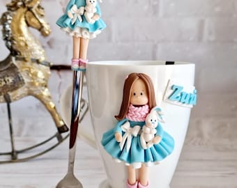 Polymerlera-mugg, Polymerlera-docka, Dekorerade koppar, Flickmugg, Present till te- och kaffeälskare, Mugg till dotter, Dock-teservis, Skeddockor