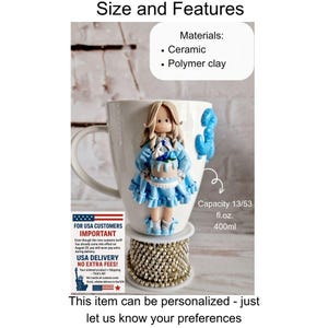 Polymerlera mugg och sked set, anpassad lerfigur mugg, tekopp set, födelsedagspresent till henne, julklapp, kawaii mugg, juldockor bild 3