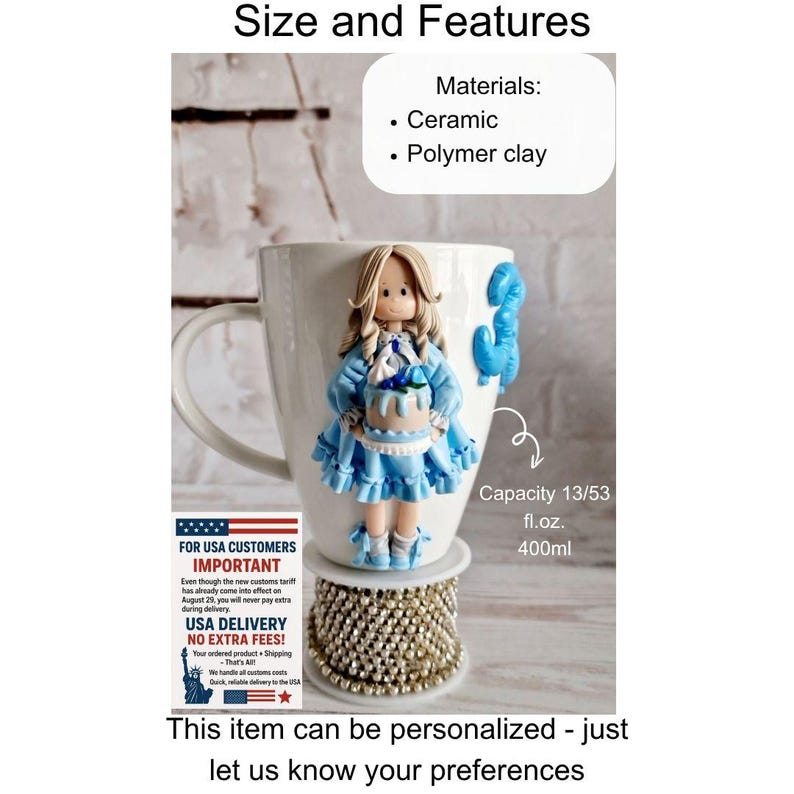 Polymerlera mugg och sked set, anpassad lerfigur mugg, tekopp set, födelsedagspresent till henne, julklapp, kawaii mugg, juldockor bild 3