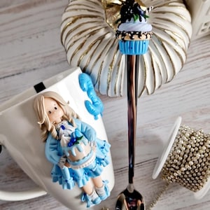Polymerlera mugg och sked set, anpassad lerfigur mugg, tekopp set, födelsedagspresent till henne, julklapp, kawaii mugg, juldockor Mug+spoon Set