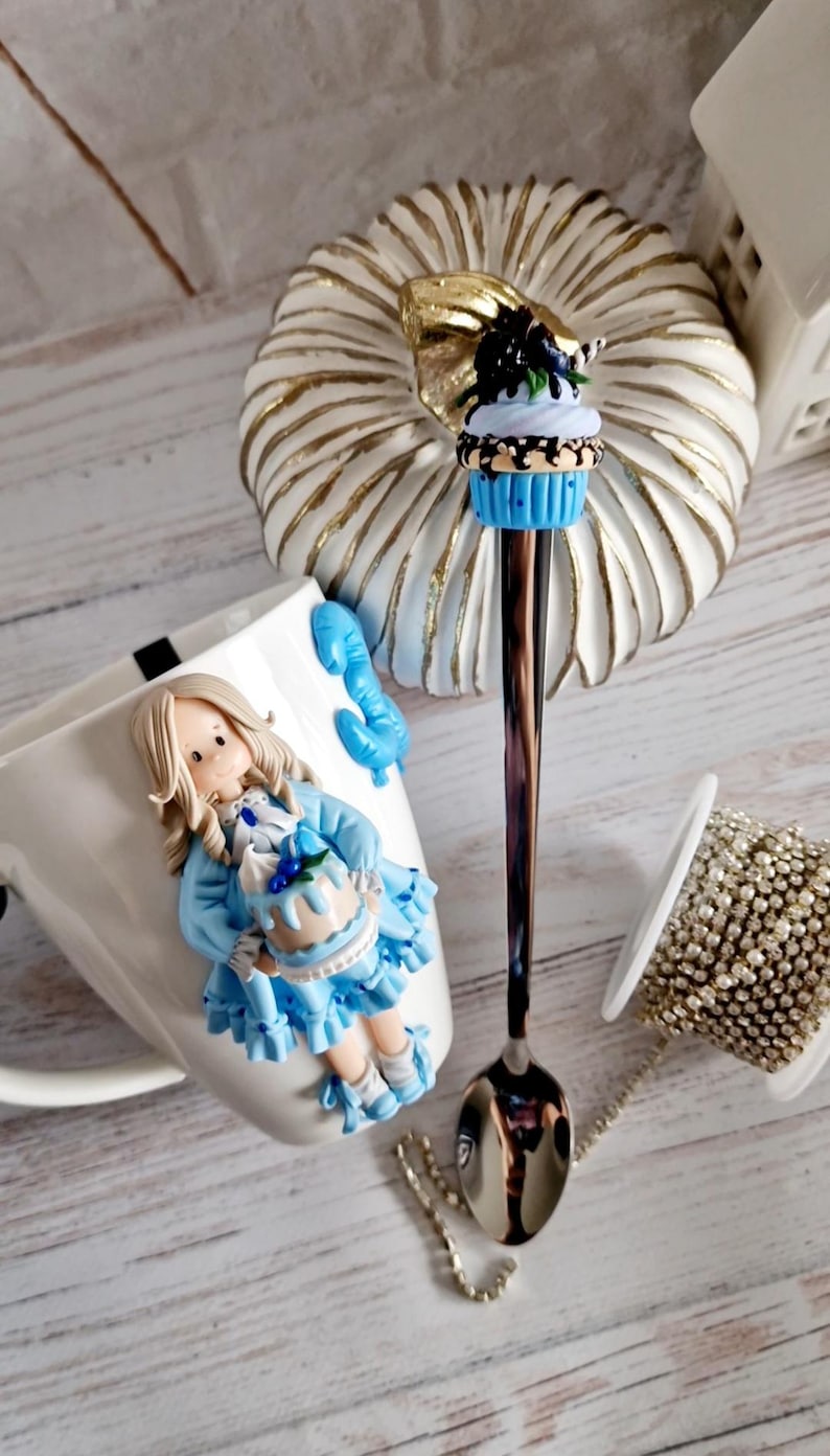 Polymerlera mugg och sked set, anpassad lerfigur mugg, tekopp set, födelsedagspresent till henne, julklapp, kawaii mugg, juldockor Mug+spoon Set
